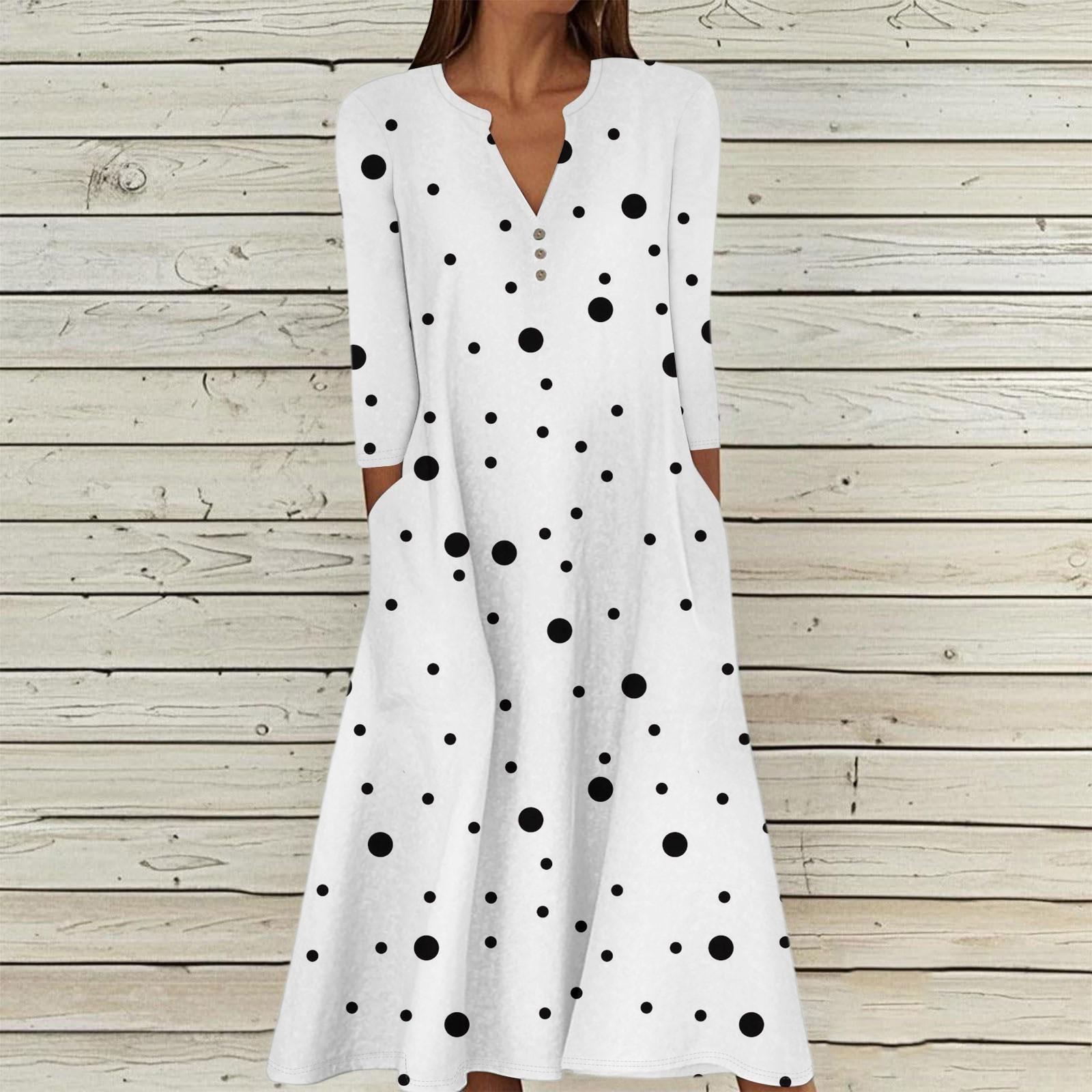

Женское летнее повседневное платье с V-образным вырезом на пуговицах, в стиле ретро, с принтом в горошек, рукавом три четверти, длинное, с карманами M