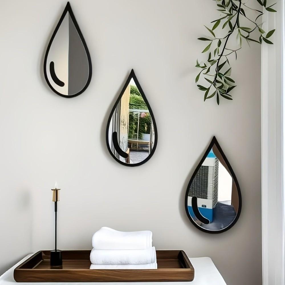 3Pcs Wall Mount Water Drop Wall Stickers Black Frame Teardrop-Shaped Mirror  Bathroom