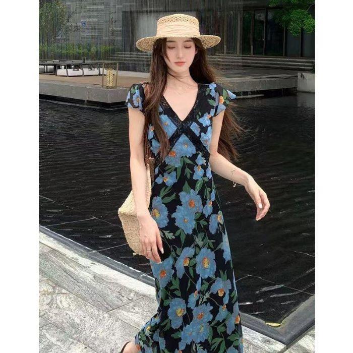 Summer new French holiday style V-neck lotus leaf sleeve splicing high waist versatile long dress printed floral dress women