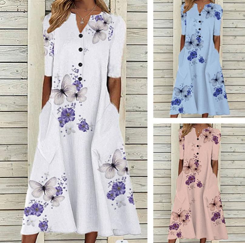 Floral Print V-Neck Mid-Sleeve Casual Dress with Pockets, Button Front, Loose Fit - White/Light Blue/Pink