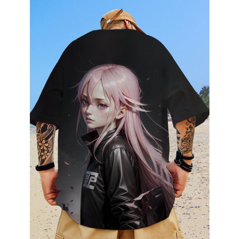 Nova camiseta casual masculina com estampa de beleza bidimensional impressa em 3D, manga curta, moda de rua, estampa de anime, top de gola redonda