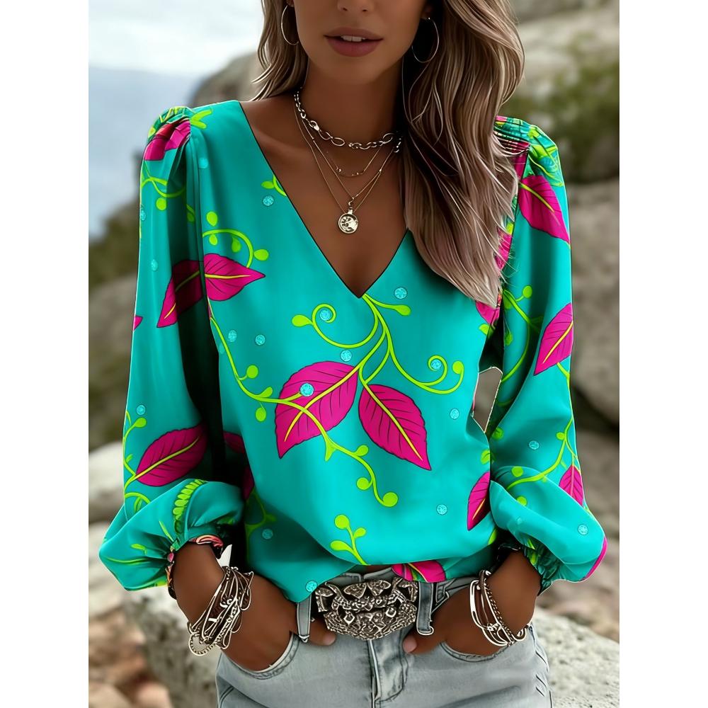 Essential for spring and summer, this V-neck long-sleeved style features floral prints. It is elegant and fitted, perfect for dates and vacations.