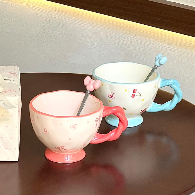 Cute Bow Underglaze Color Cup Girls' High-value Ceramic Mug Couple Breakfast Cup Birthday Gift
