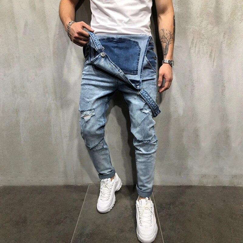 Tute da Lavoro Biker Eleganti da Uomo Salopette Jeans Tuta Jeans Uomo Streetwear Casual Elasticizzate Strappate Salopette Jeans con Bretelle Maschili