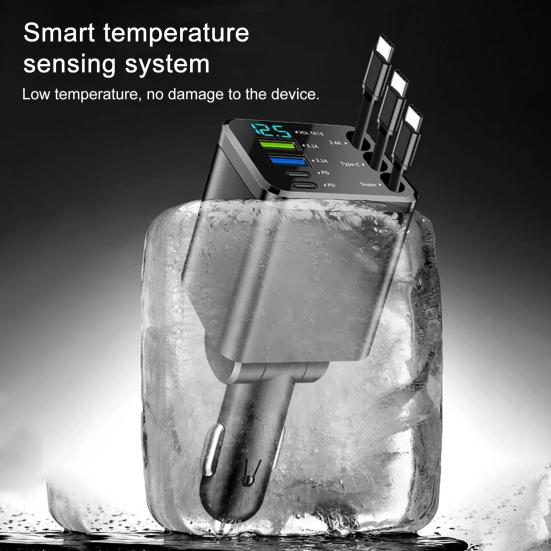 7-in-1 Retractable Car Charger Fast Charging Car Adapter with Digital Display 2 USB Ports 2 Type-C Ports 3 Cables Power Supply for Multiple Devices