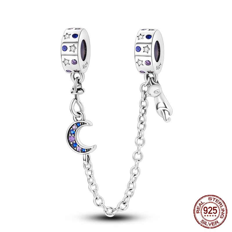 Real 925 Silver Stars & Moon Sunflower Safety Chains Spacer Beads Charms Fit Qikaola 925 Bracelets DIY Jewelry
