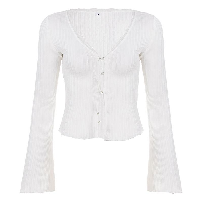 

Lace Ruffle V-Neck Bell Sleeve Slim Fit Crop Top Small білий