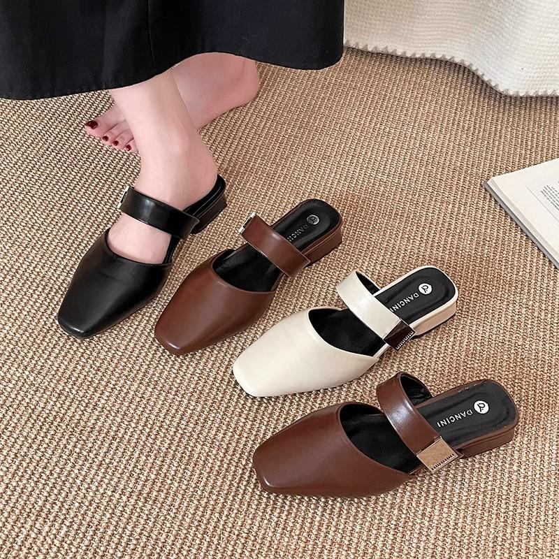 Temperament versatile bag head half slippers women's summer new retro thick low heel Mary Jane slope heel sandals lazy shoes