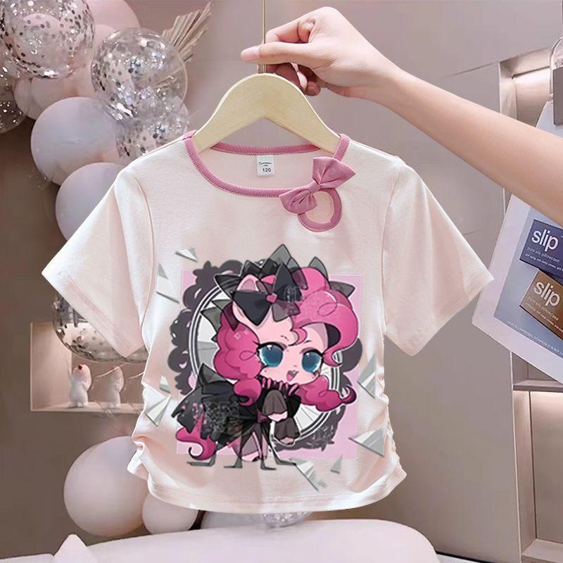 Girls' Fashionable Bow Tie Top for Summer, Children's Round-neck Short-sleeved Pure Cotton T-shirt