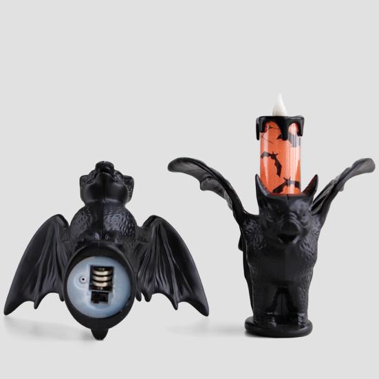 Halloween LED Bat Candle Lamp Flameless Flickering Tabletop Candle Lamp Horror Black Bat Statue Candlestick for Indoor Home Decor