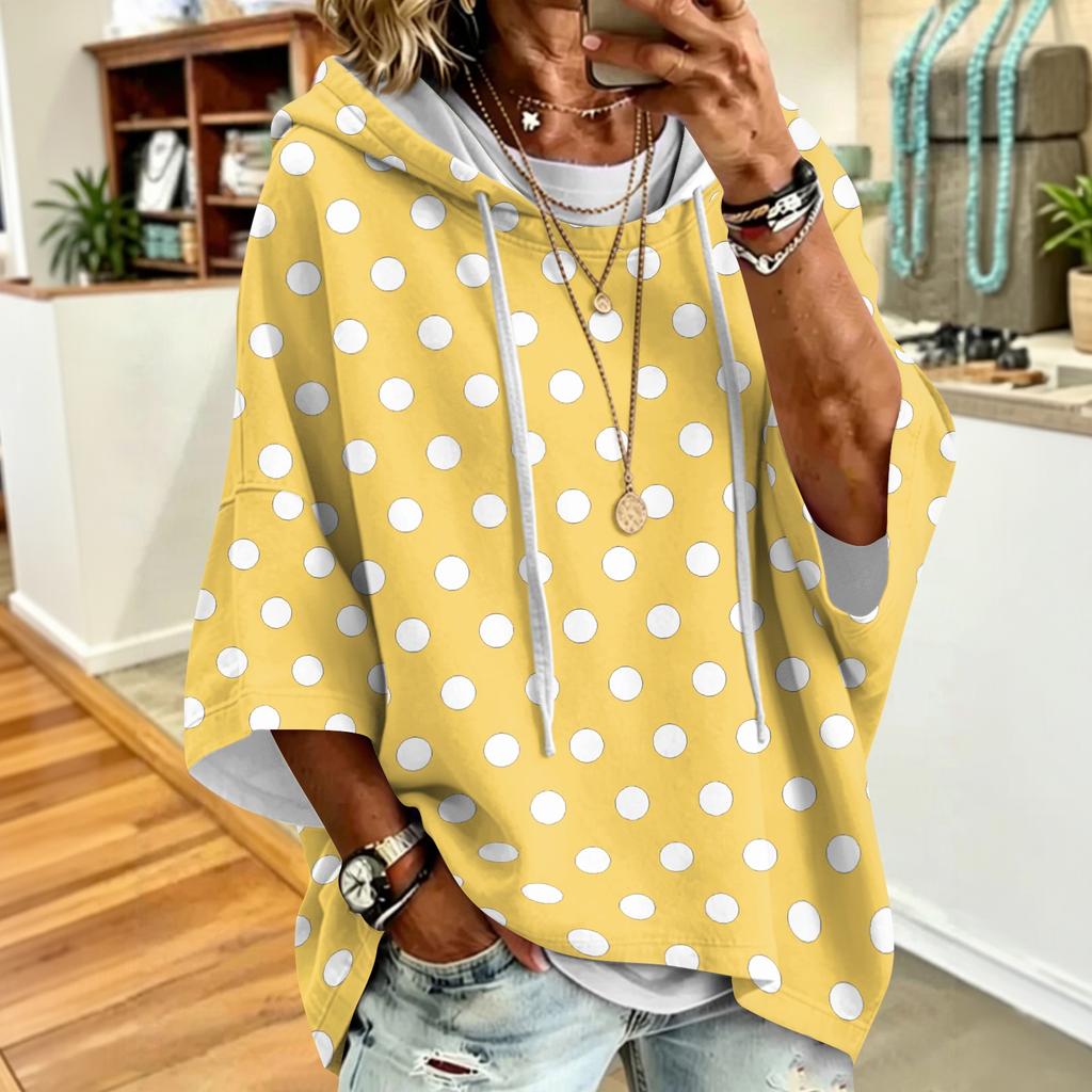 Women's Polka Dot Print Drawstring Hooded Sweatshirt Loose Fit Casual Top