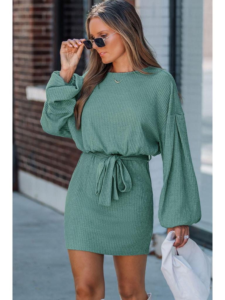 2026 Spring/Autumn Women's Long Sleeve Ribbed Knit Dress with Belt - European & American Style