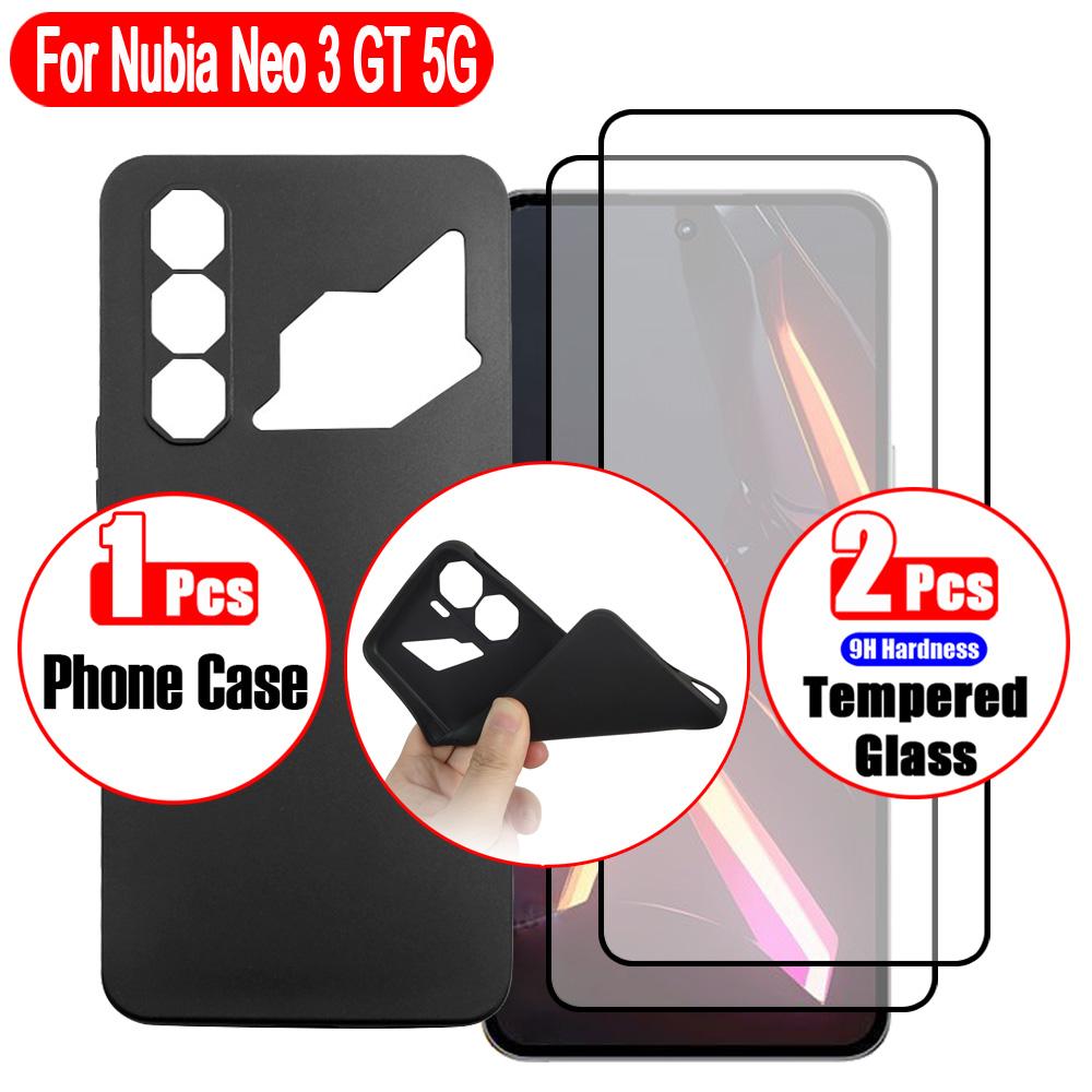 Funda for ZTE Nubia Neo 3 GT 5G, 3 In 1 Set (1 Pcs Phone Case + 2 Pcs Screen Protectors) Black Edge Printing Film, Anti-Fingerpr