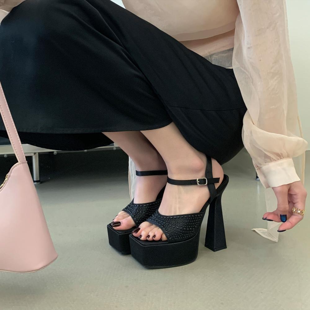 Pesstwei Sexy Platform Ultra High Heels Sandals Women Thick Heels Pearl Exposed Toes Buckle Strap Banquet Party Ladies Shoes