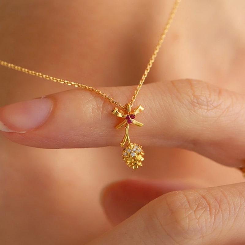 

OR D`OR Pine Cone 1mm Natural Ruby Ribbon Necklace GOLD
