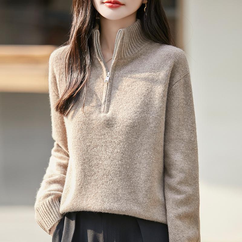 Women's Half-High Collar Zipper Wool Sweater - Loose Fit, Versatile Long Sleeve, Solid Color Base Layer for Autumn & Winter