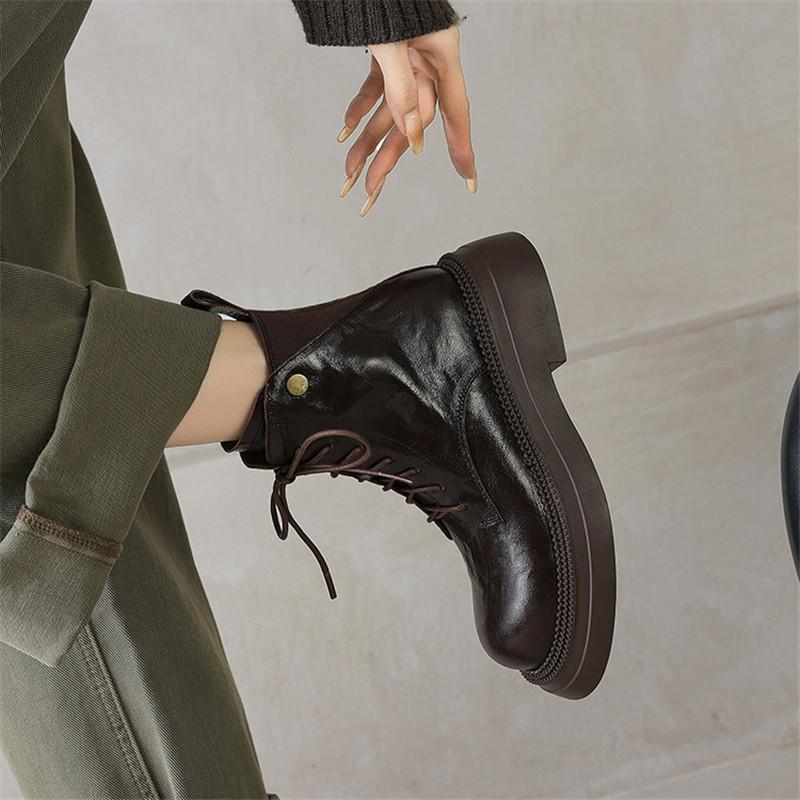 Fashion New Autumn/winter Genuine Leather Women Boots Round Toe Shoes for Women Fashion Boots Mid Heels Lace Side Zipper Platform Boots