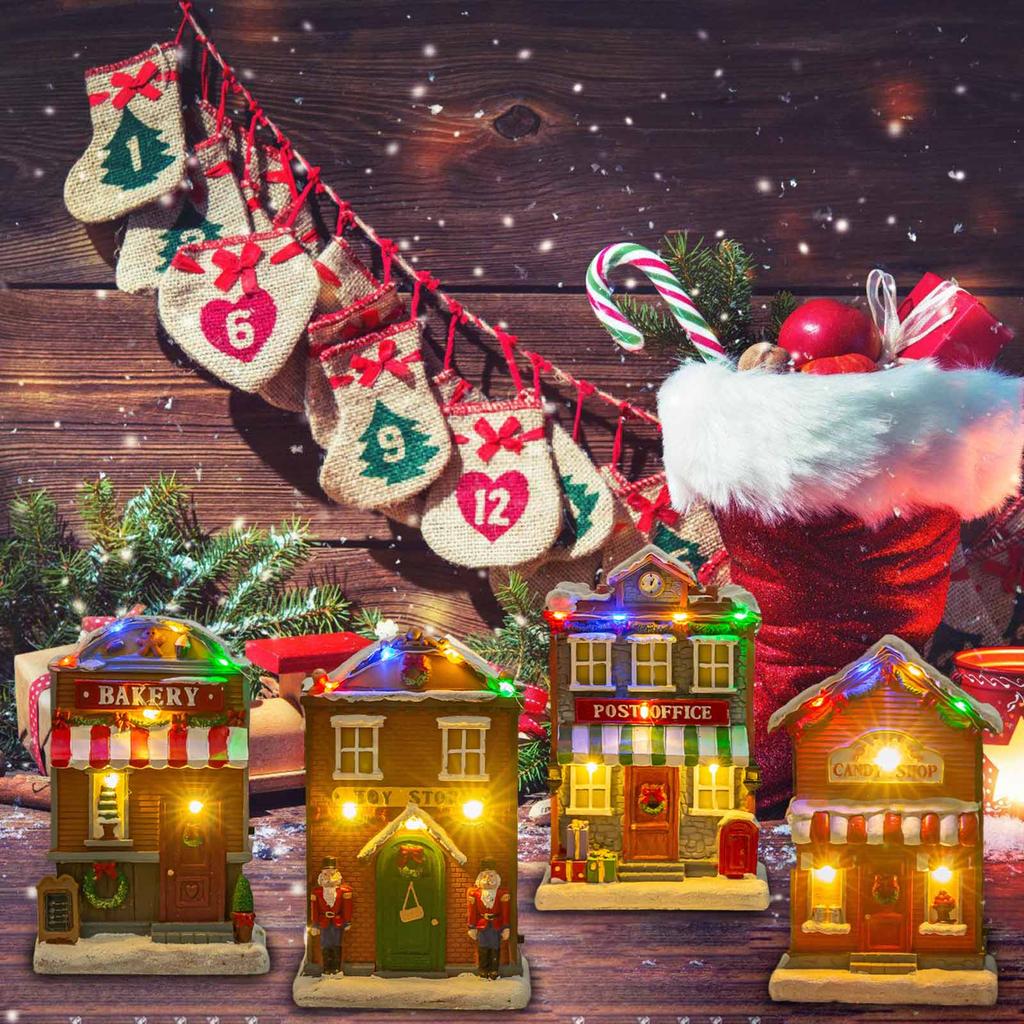 Christmas Tabletop Resin House With Colorful LED Lights and Melodic Songs for Holiday Decoration