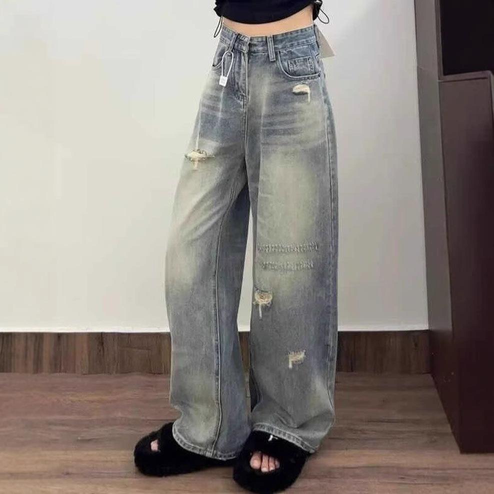 Comfortable Broken Holes Jeans Women Pear Shaped Body Large Size Skinny High Waist Loose Broad Leg Trousers Jeans for Women Long Denim Pants