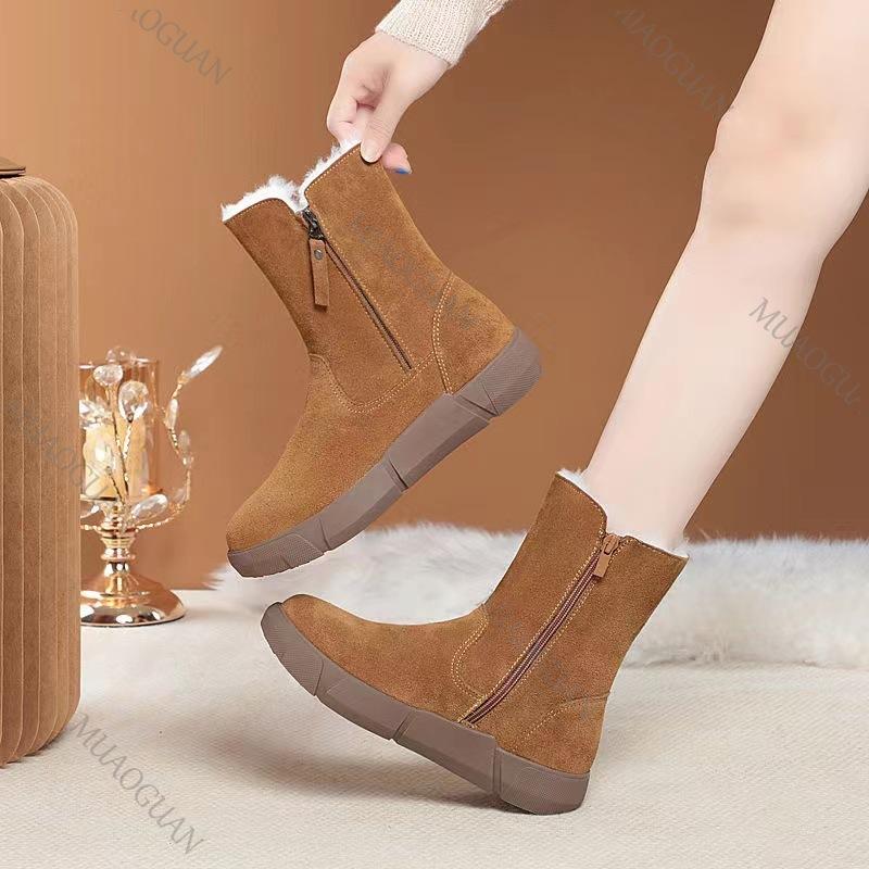 Snow Boots Women Fur Winter Shoes Padded Warm Casual Ankle Boots Retro Round Toe Suede Side Zip Short Botines Solid Ladies Shoes