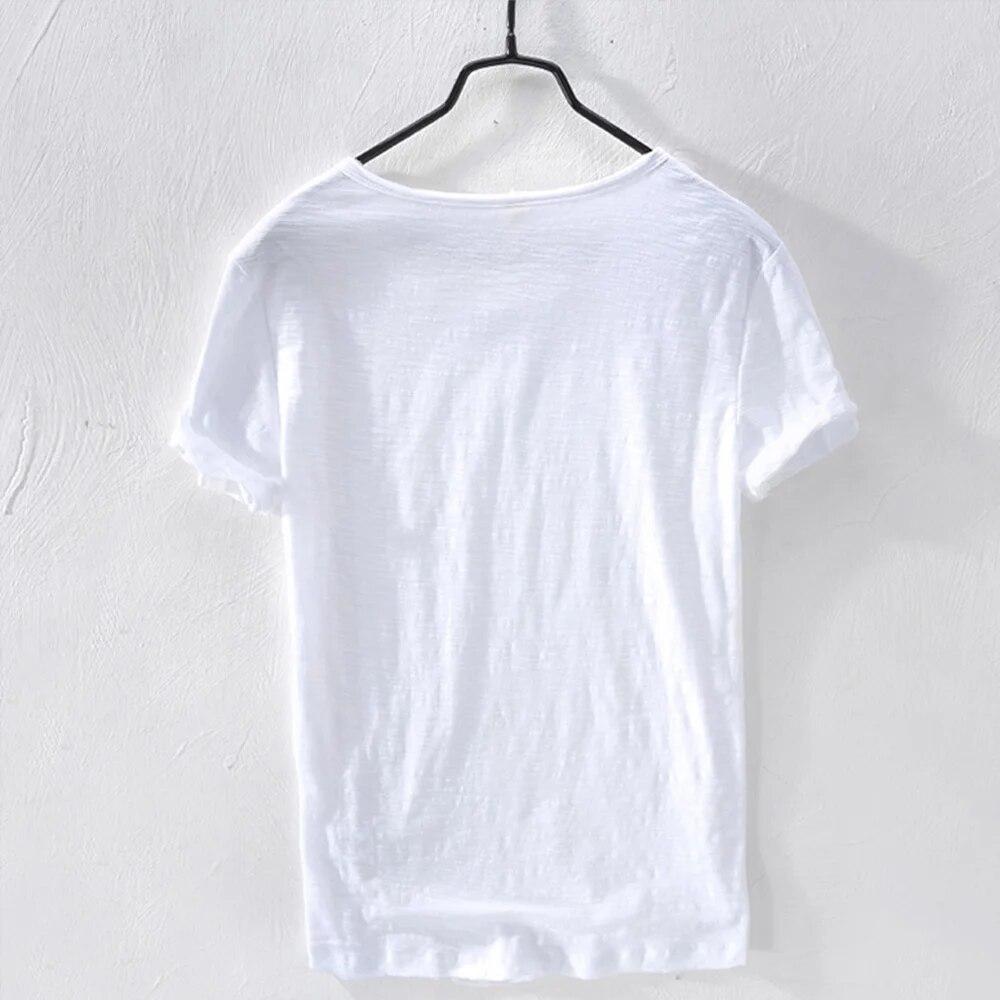 New Slim Fit Slub Cotton Pure Color V Collar Short Sleeved Tops Tees Men T-Shirt Multi-color Man T-Shirts Fitness