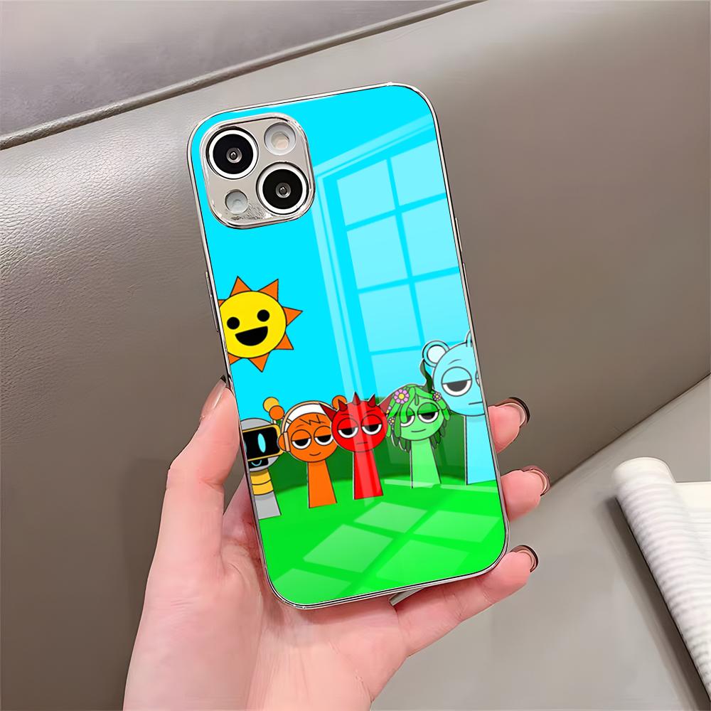 Kreslený herný obal Sprunki na telefón pre iPhone 17 Pro Max 15 Pro 16 14 Plus 12 13 Mini 11 Pro Nárazuvzdorný galvanicky pokovovaný sklenený kryt