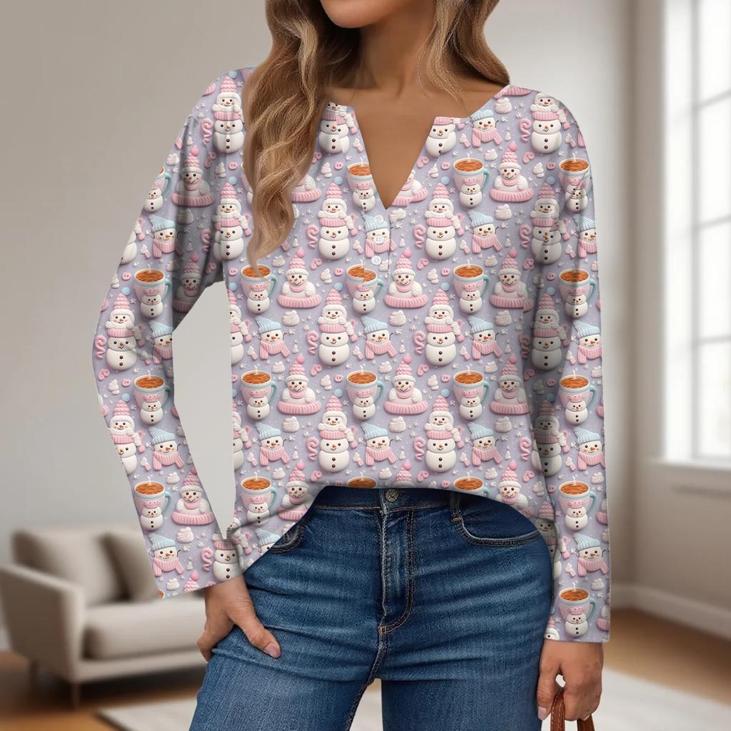 Women's Fashion Casual V-Neck Button-Up Long-Sleeve T-Shirt With Christmas Print Top