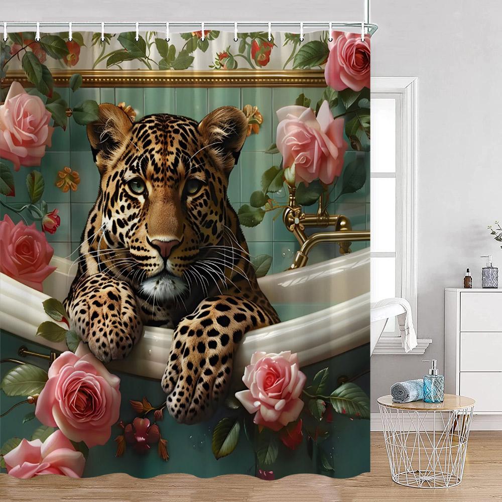Záclona do sprchy Divoká zvířata Tygr Les Elegantní Panter Zelené Rostliny Růže Květinová Domácí Dekorace do Koupelny Polyesterová Koupelnová Záclona