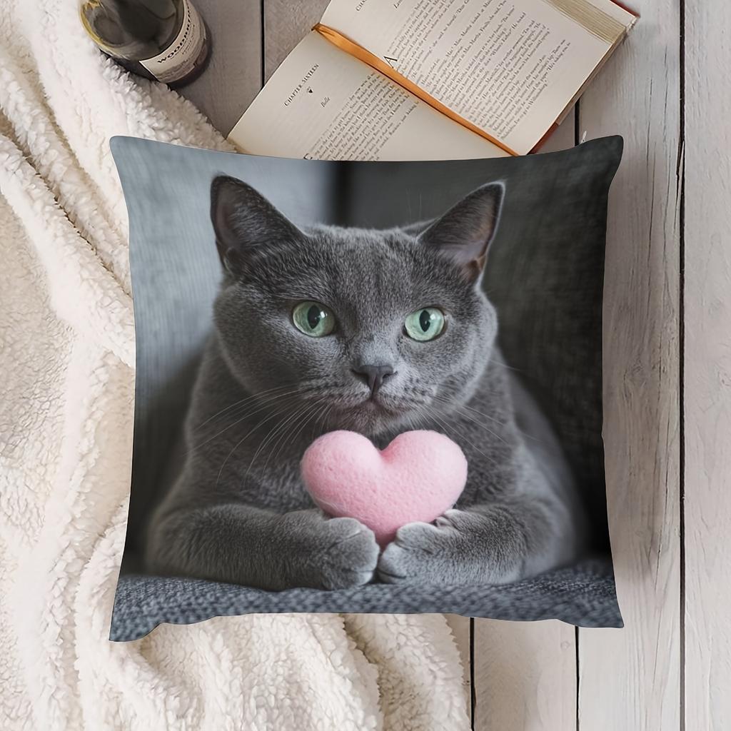 1 modern grey cat heart pillow cover, machine washable, polyester