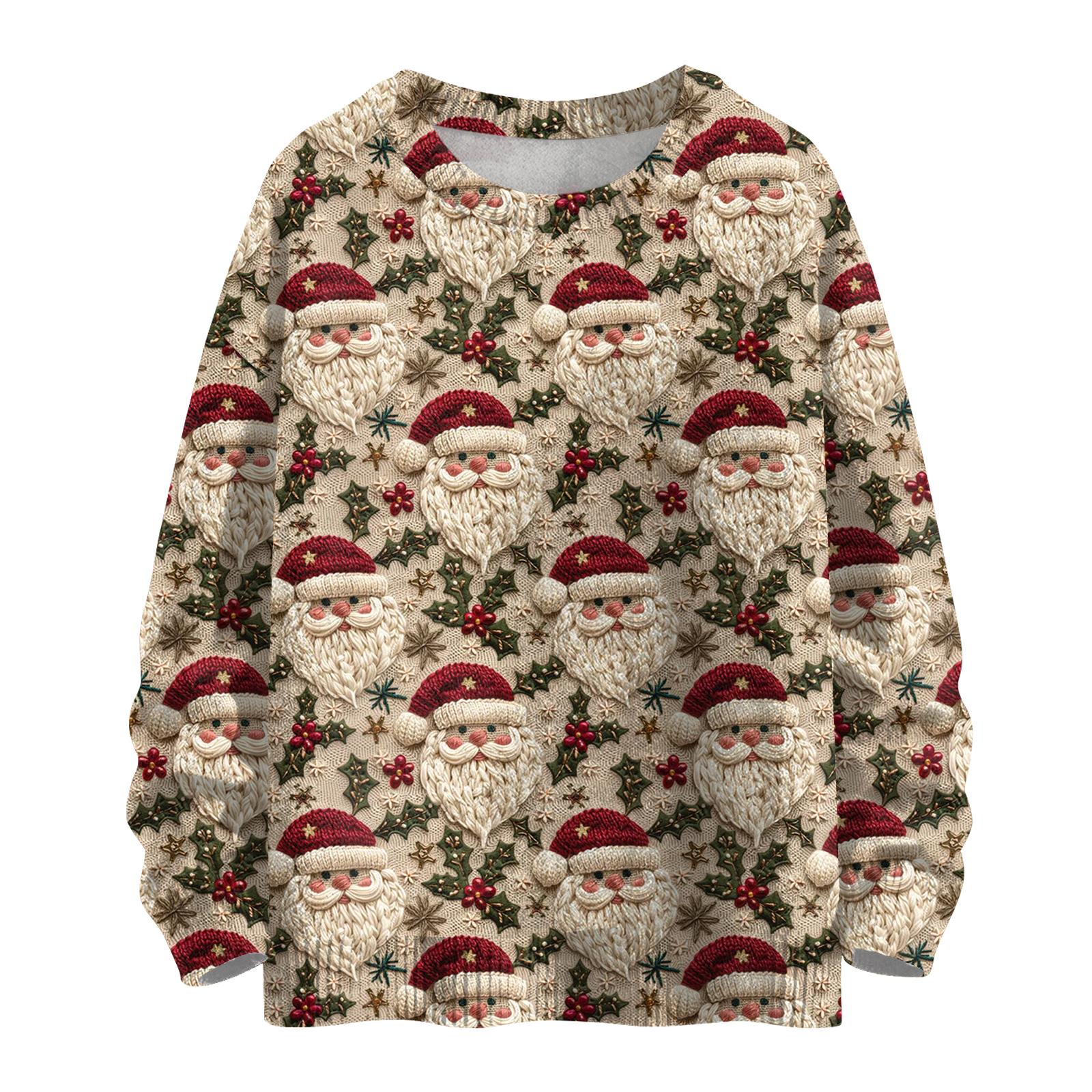 

Женский модный повседневный трикотажный свитер с длинным рукавом и рождественским принтом, круглый вырез XXL хаки