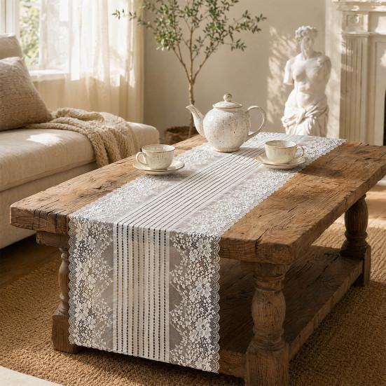 White Lace Table Runner, French Pastoral Style Table Runner, Lace Table Decor with Floral Embroidery for Wedding Party Dining Table Decor