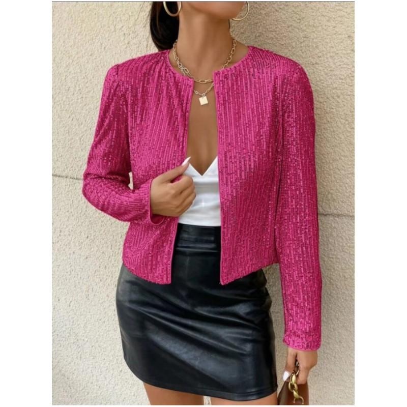 Women's Long Sleeve Round Neck Cardigan Jacket Solid Color Sequins Casual Top