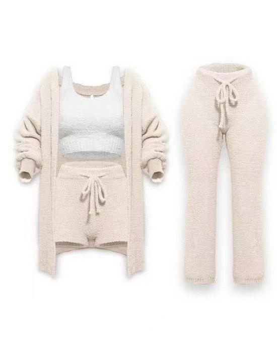 2026 Autumn/Winter Knit Plush Long-Sleeve Jacket, Vest, Shorts, and Three-Piece Set