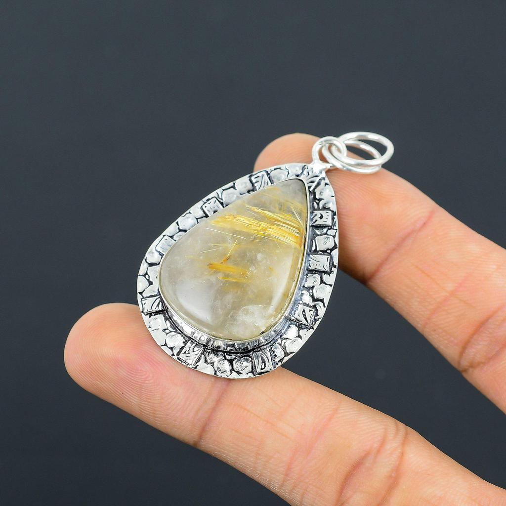 Sterling Silver Pear Golden Rutile Stone Ethnic Daughter Wedding Pendant Jewelry