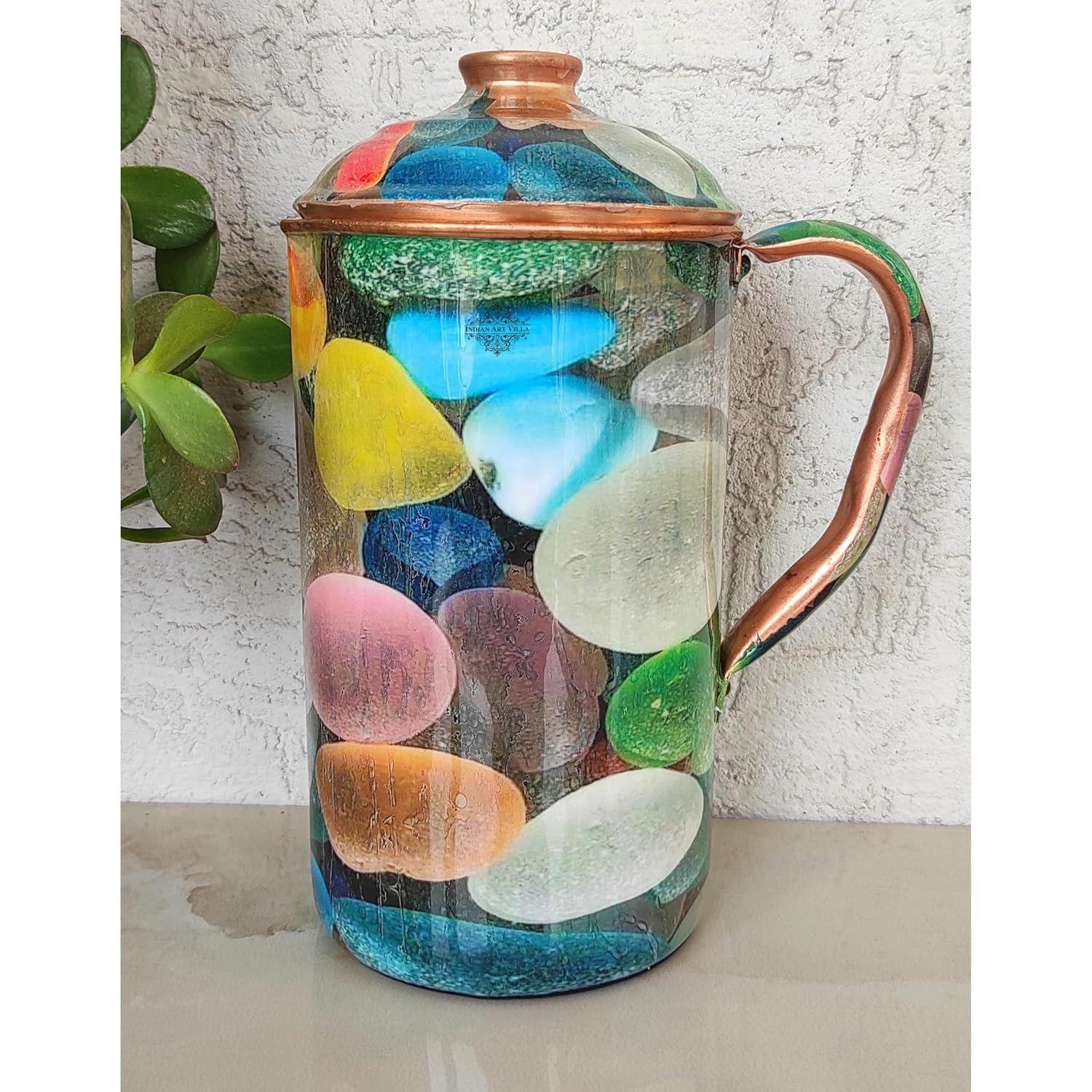 

Pure Copper Jug with Multi-Coloured Print, Serveware & Drinkware, Beneficial for Health, Volume-2000 ML