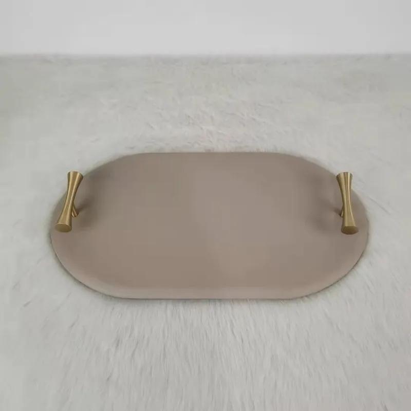 

Wood Tray Leather Storage Plate European Gray Creative Oval Trays Decorative Kitchen Items Coffee Table Supplies Home Organizer