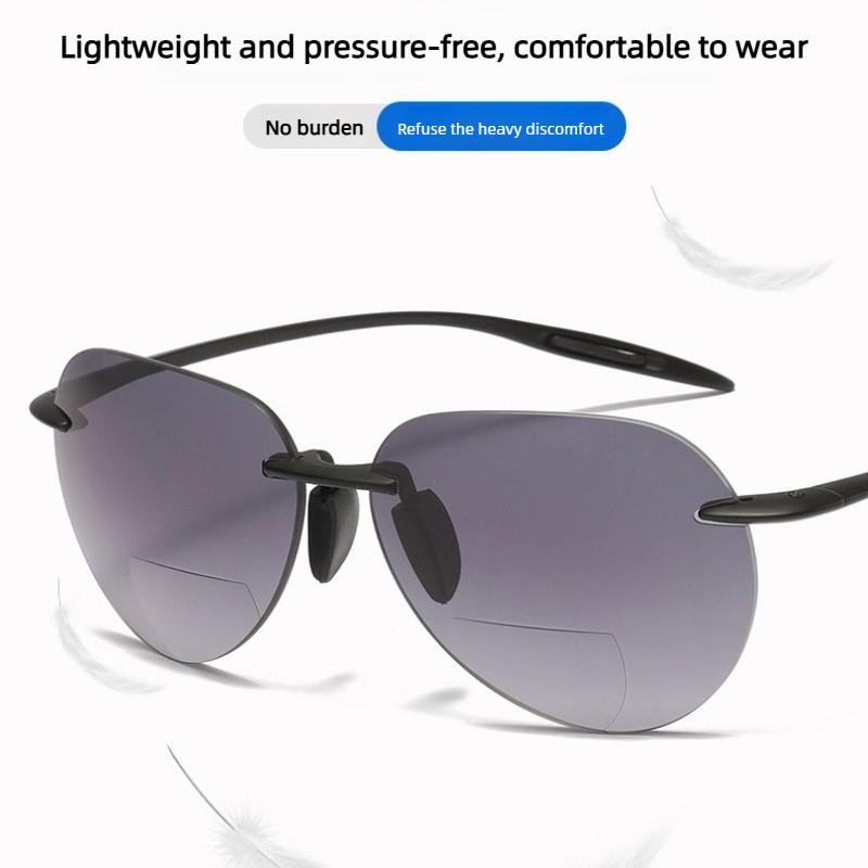 Rimless Frog-Eye Frame Presbyopia Sunglasses TR90 Frames Bifocal for Distance and Near Vision Outdoor Shades Reading Glasses