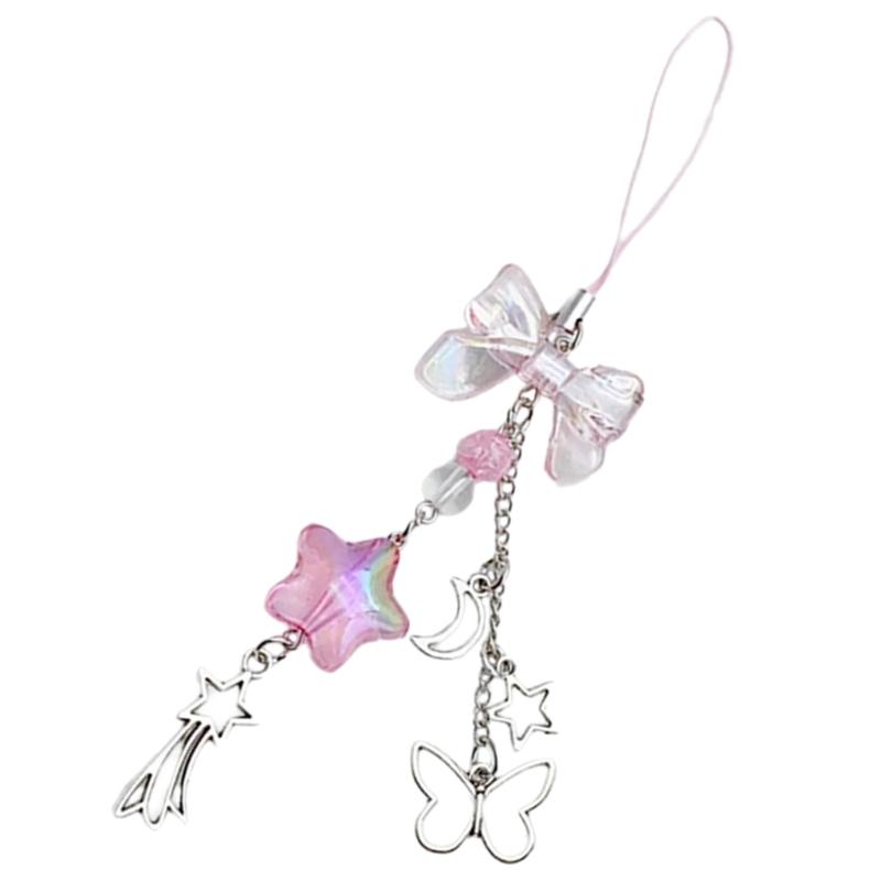 Handmade Bowknot Phone Charm Hanging Rope Star Pendant Keychain Phone Chain Strap Lanyard Bag Decoration Accessory