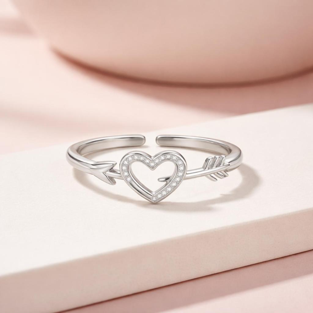 Heart Arrow Open Adjustable Ring – 925 Sterling Silver
