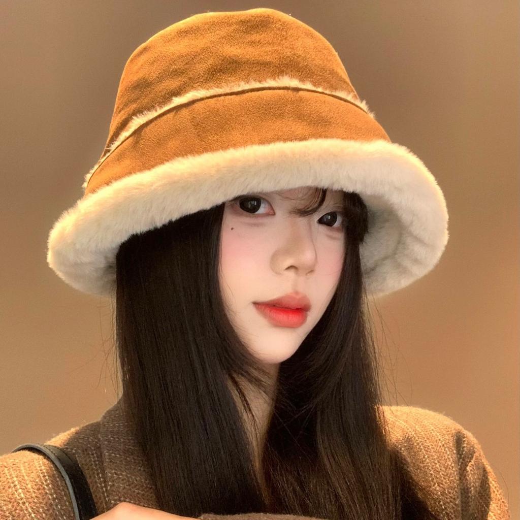Autumn and Winter Versatile Retro Suede Fisherman's Hat Children Thickened Warm Face Small Plush Basin Hat Plain Bucket Hat