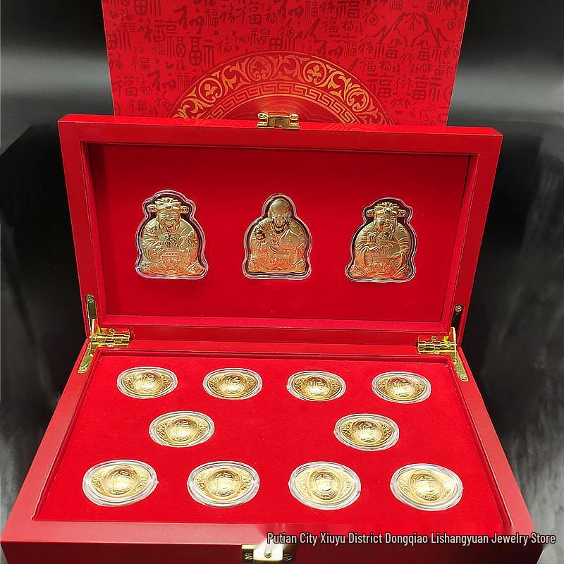 Gold Foil Fukurokuju Ornament Set: Three-Way God of Wealth with Dragon, Phoenix & Gold Ingots for Auspicious Home Decoration