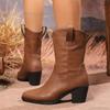 Black Thick Heel Western Short Boots Women Plus Size36-43 Pointed Toe Ankle Boots Woman Autumn Winter Slip On Cowboy Botas Mujer