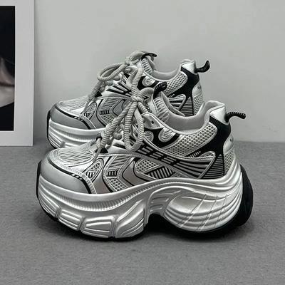 Silver Stacked Inner Height-increasing Women's Shoes 2025 New Summer Ins Internet Celebrity Platform Muffin Sports and Leisure Dad Shoes
