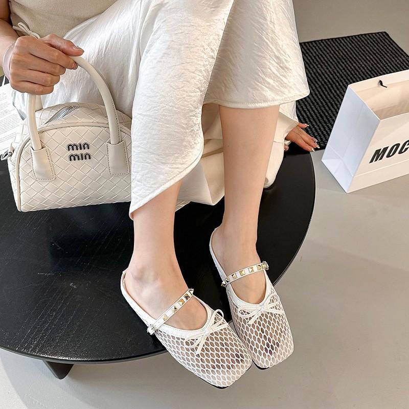 Niche Design Rivets with Hollowed-out Bag Head Half Slippers Women's Summer Wear a Pedal Breathable Fishing Net Shoes