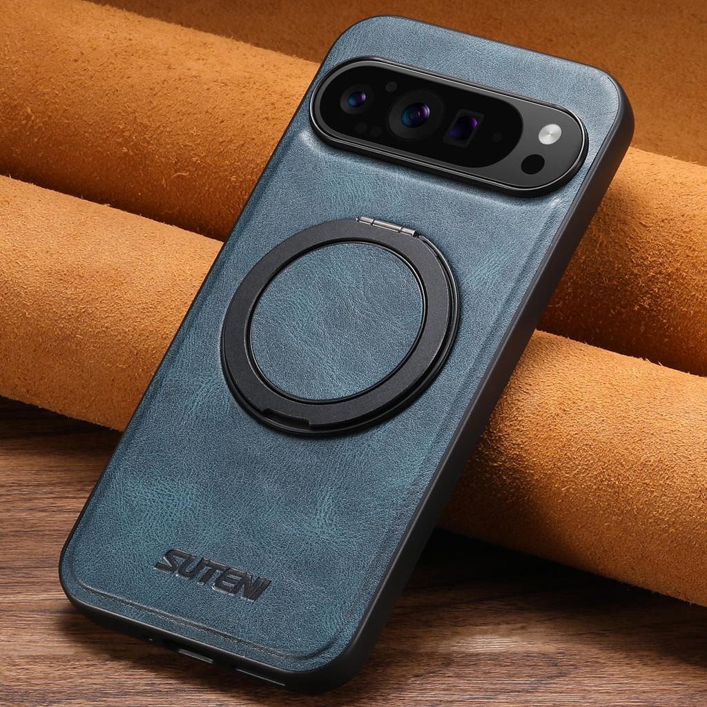 Ölwachs Lederhülle für Google Pixel 11 Pro XL/10 Pro/9/8/7/8A/7A/6A, Magnetischer Ring Ständer Kabelloses Laden Handyhülle