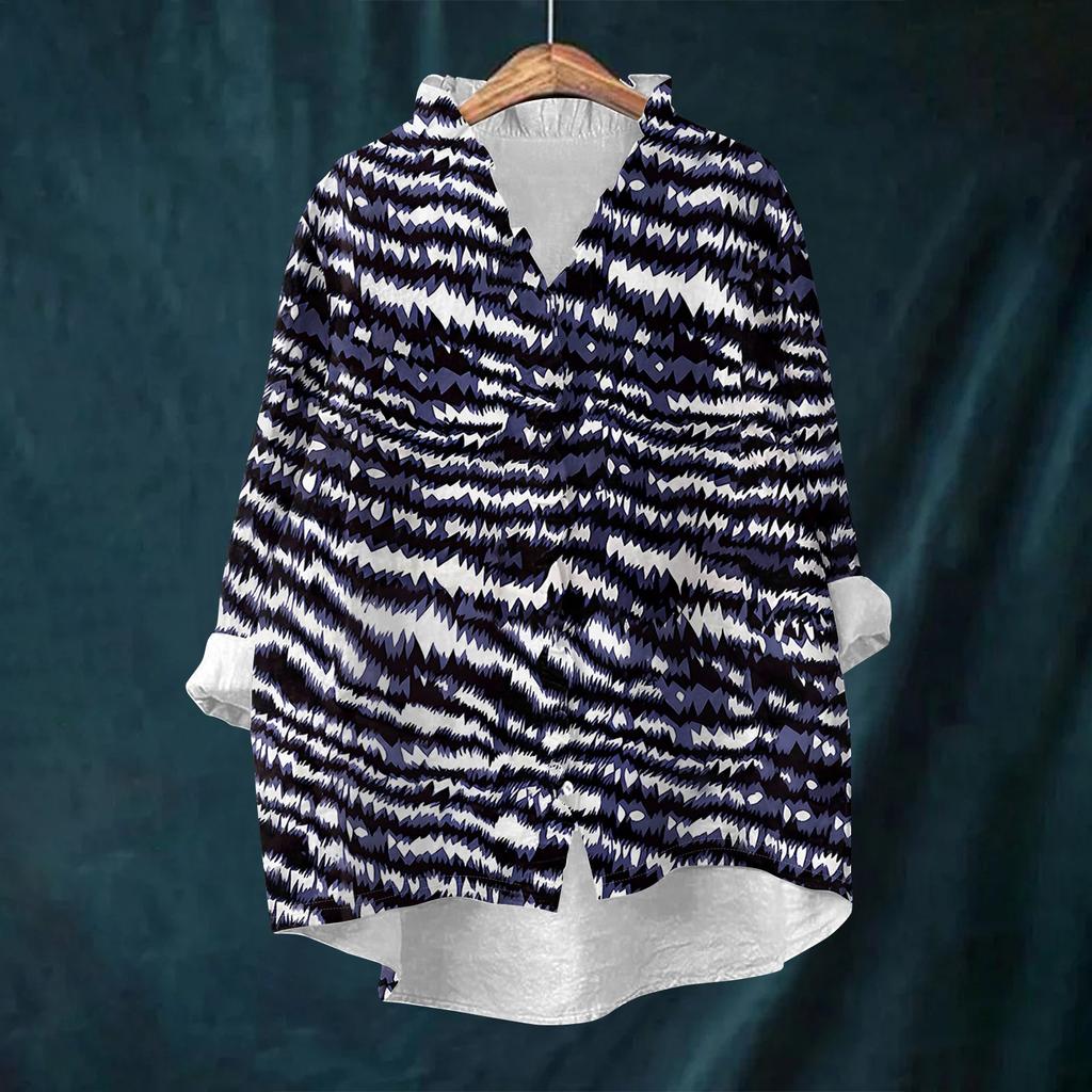 Women's Loose Ruffled Retro Floral Print Stand Collar Long Sleeve Cotton And Linen Top