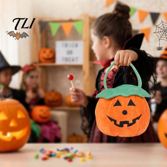 Soft Plush Halloween Tote Pumpkin Bucket, Cute Trick-or-Treat Bag, for Kids Candy Basket with Handle Girls Boys Party Favors Festive Gift Bag Children