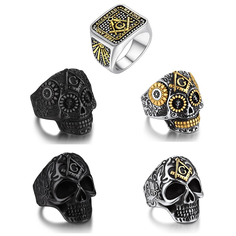 Masonic Rings for Men Woman Stainless Steel Size 7-14 Square 3D Skull Signet Rings Freemason Symbol Masonic Jewelry Gift