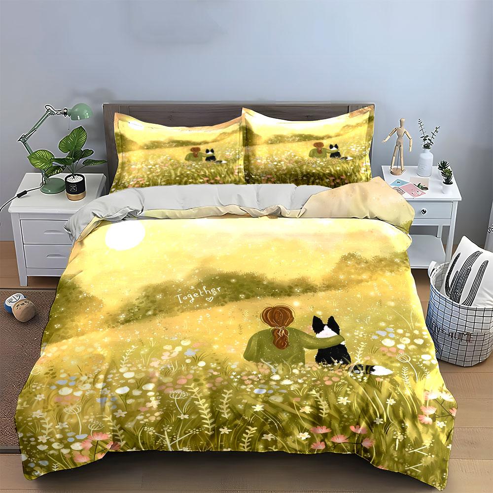 3Pcs Warm Sunlight Bedding Set, Girl And Dog In Spring Flower Field Print Duvet Cover & 2*Pillowcases, Gift