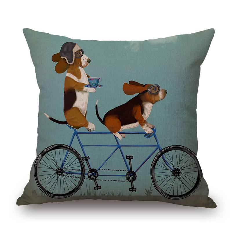 Dogs On Bicycle Art Cushion Cover Poodle Bulldog German Shepherd Golden Retriever Dachshunds Labrador Print Linen Pillow Case